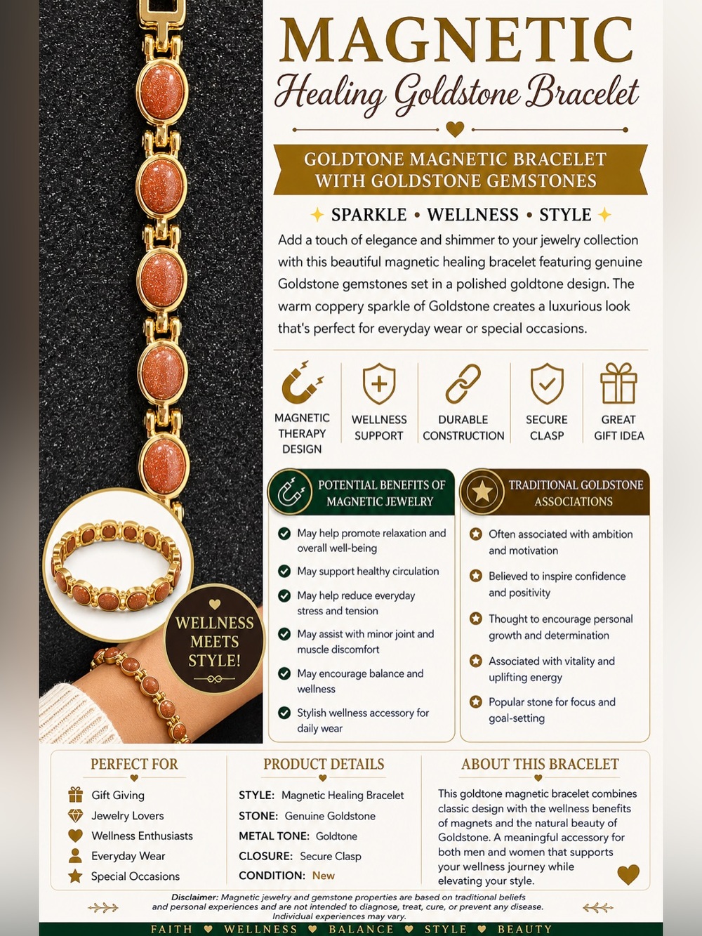 Goldtone Goldstone Magnetic Bracelet - Wellness Jewelry